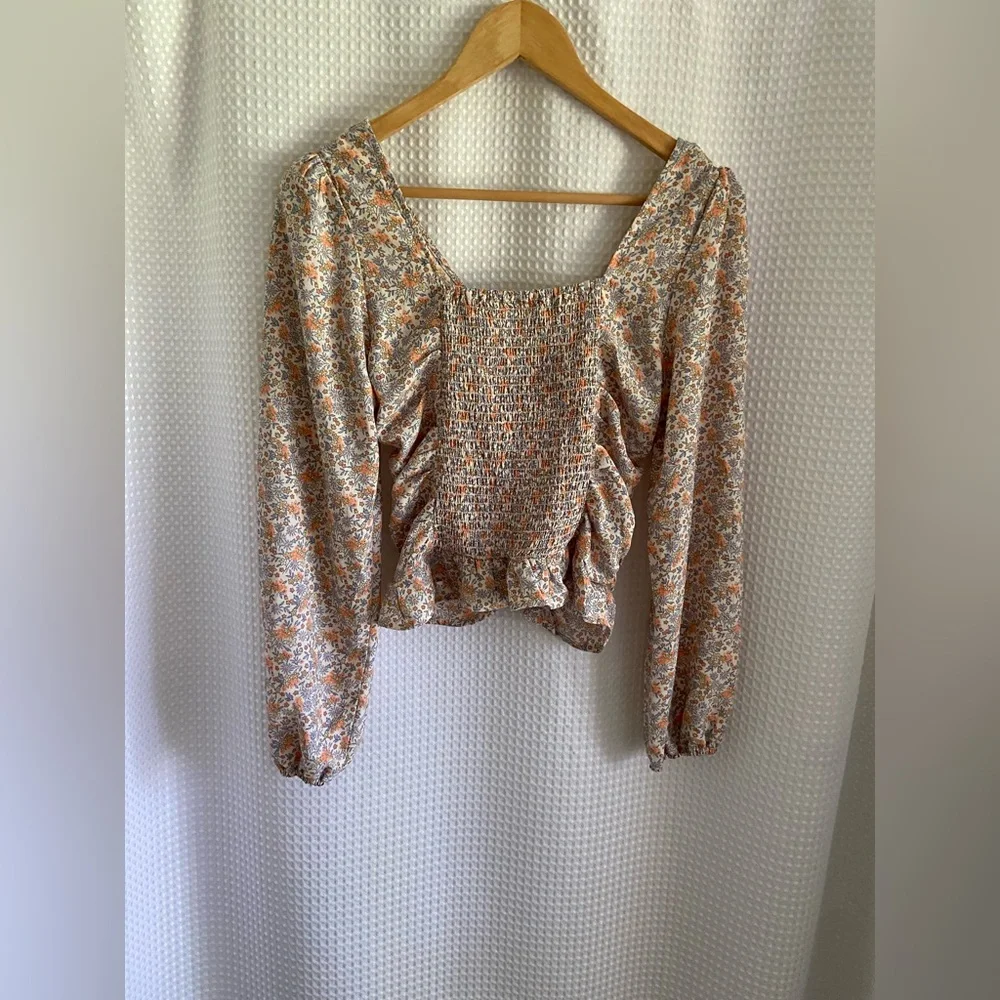 ‎ H&M Floral V-Neck Drawstring Blouse Stretch Back Ruched side small - Picture 6 of 9